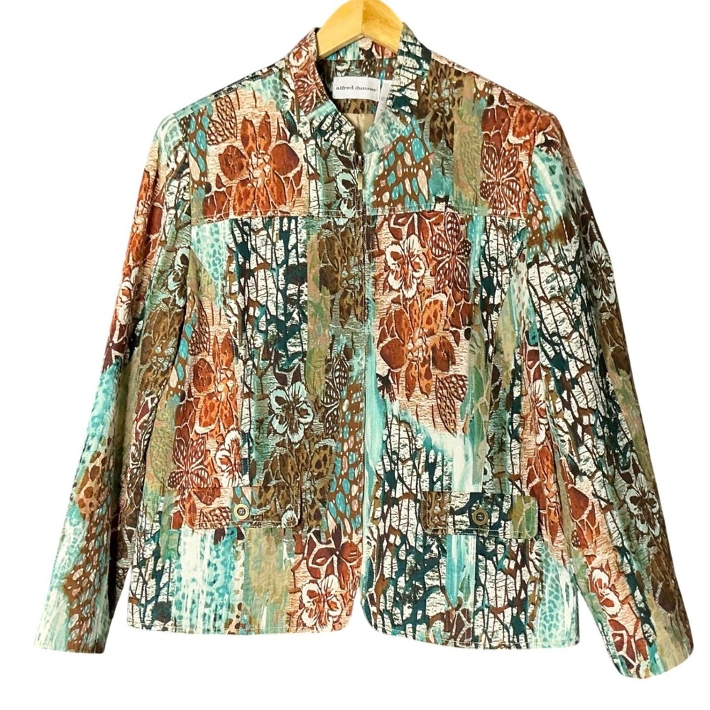 Alfred Dunner Womens 16 Abstract Floral Full‎ Zip Cotton Jacket Teal Rust Brown